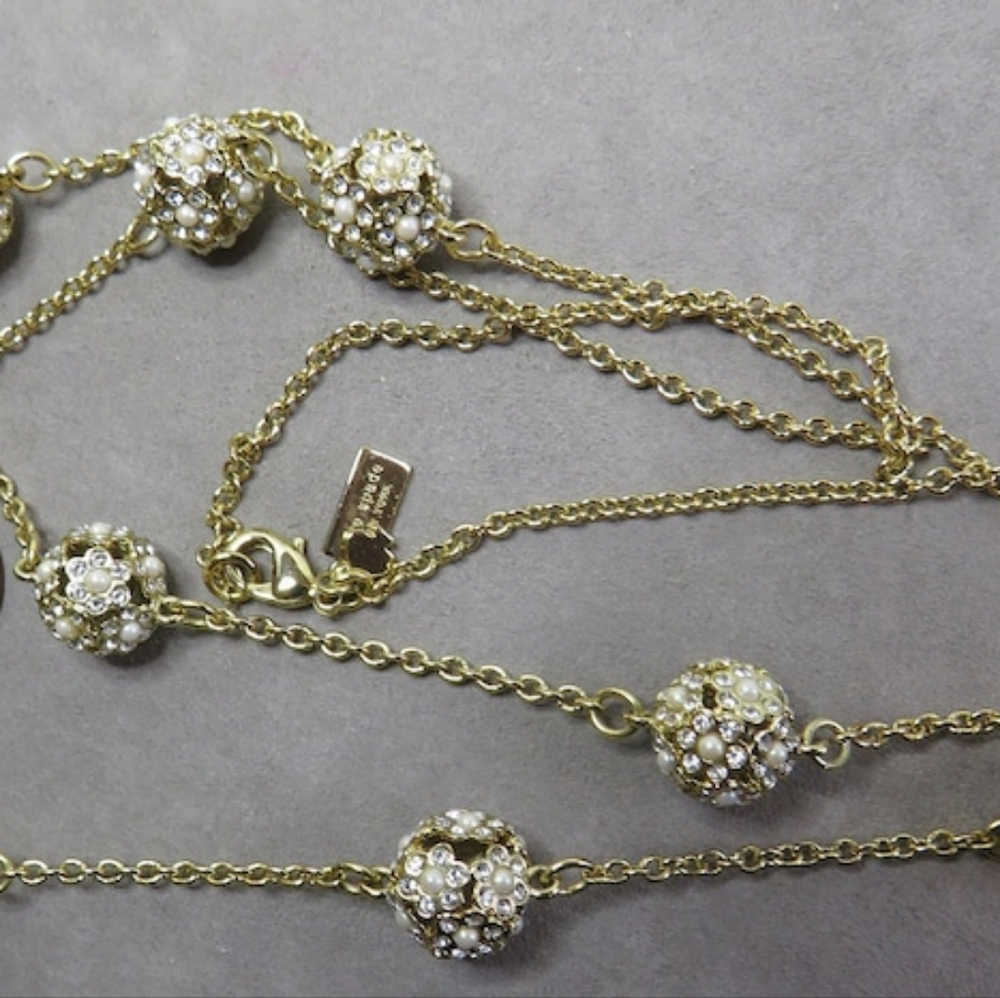 KATE SPADE Signed Rhinestone & Pearl Flower Ball Long Necklace SDH5